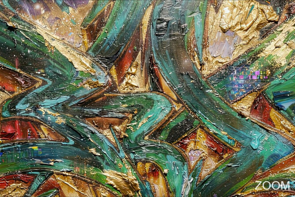 Zoom detail of Gold & Jade Graffiti original abstract artwork with angular jade and teal gestures, gold leaf-like accents, crimson traces and layered texture.