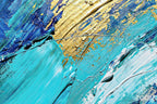 Zoom detail of Gold Tide wave abstraction with cobalt, turquoise, white and warm-gold sweeping arcs