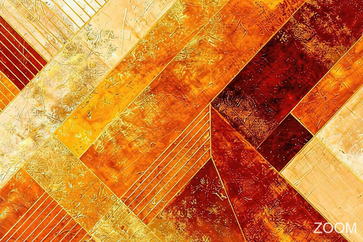 Zoom detail of Golden Convergence with molten amber, gold, cream and deep crimson diagonal bands, fine parallel linework and richly distressed relief textures