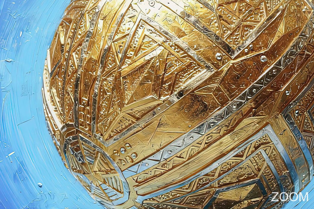 Zoom detail of Golden Sphere original abstract artwork with faceted golden geometric panels, engraved linear patterns and a luminous cobalt-blue ground.