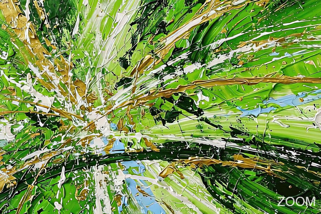 Zoom detail of Green Impact original abstract artwork with radiant lime and deep green brushstrokes, white and gold impact marks and explosive layered relief.
