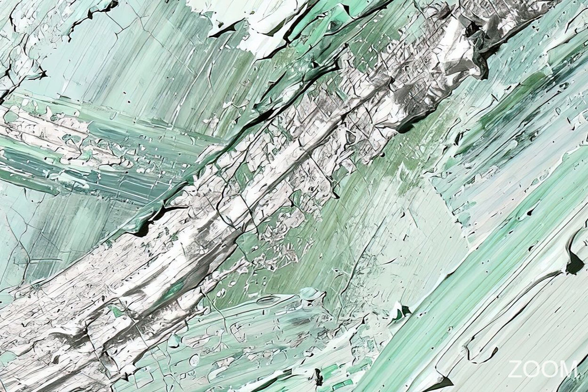 Zoom detail of Jade Fracture textural abstraction with mint, sage, graphite and silver curved ridges