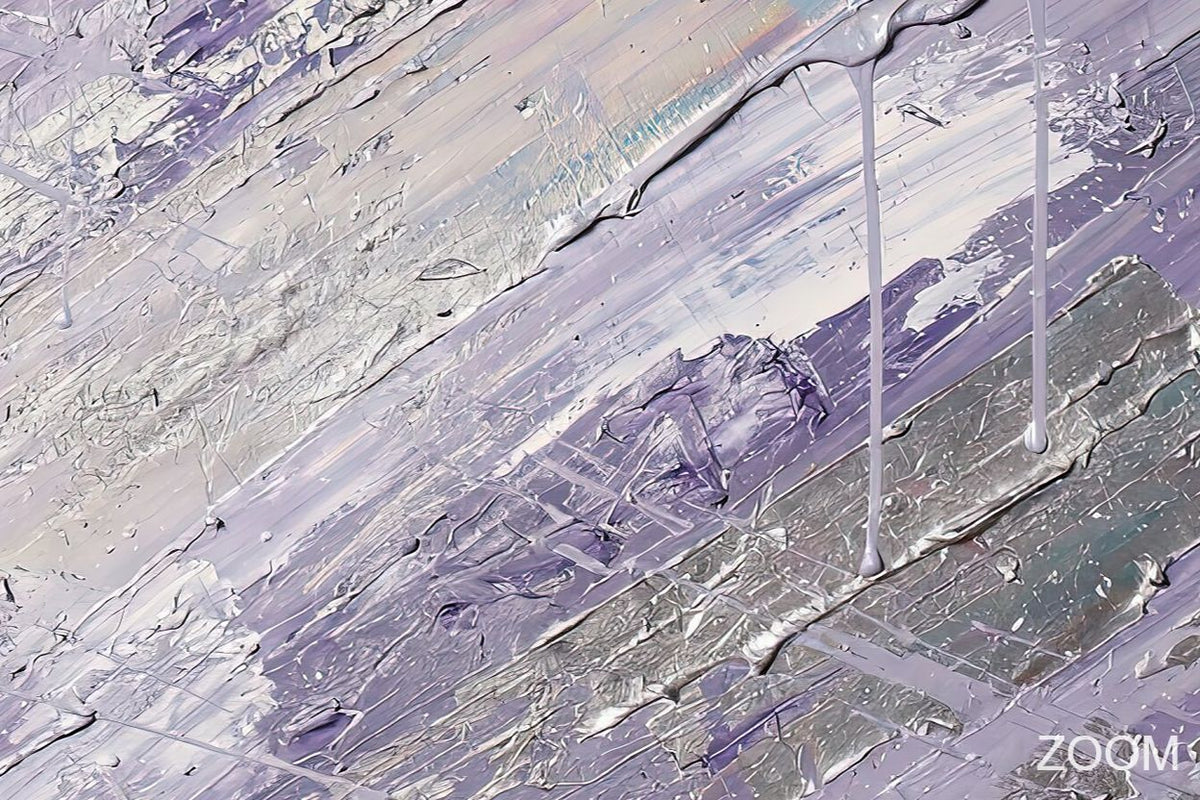Zoom detail of Lavender Strike expressive impasto abstraction with lavender, pearl white and silver diagonal layers
