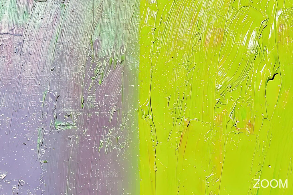 Zoom detail of Lilac Volt color field abstraction with silvery lilac, chartreuse and vertical mineral impasto