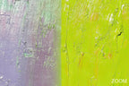 Zoom detail of Lilac Volt color field abstraction with silvery lilac, chartreuse and vertical mineral impasto