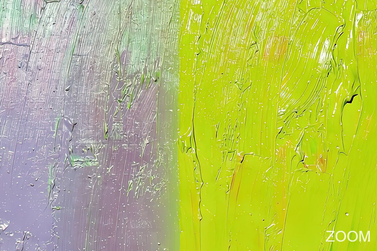Zoom detail of Lilac Volt color field abstraction with silvery lilac, chartreuse and vertical mineral impasto