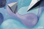 Zoom detail of Liquid Geometry biomorphic abstraction with aqua, navy and lavender forms, silver triangular accents and layered sculptural relief