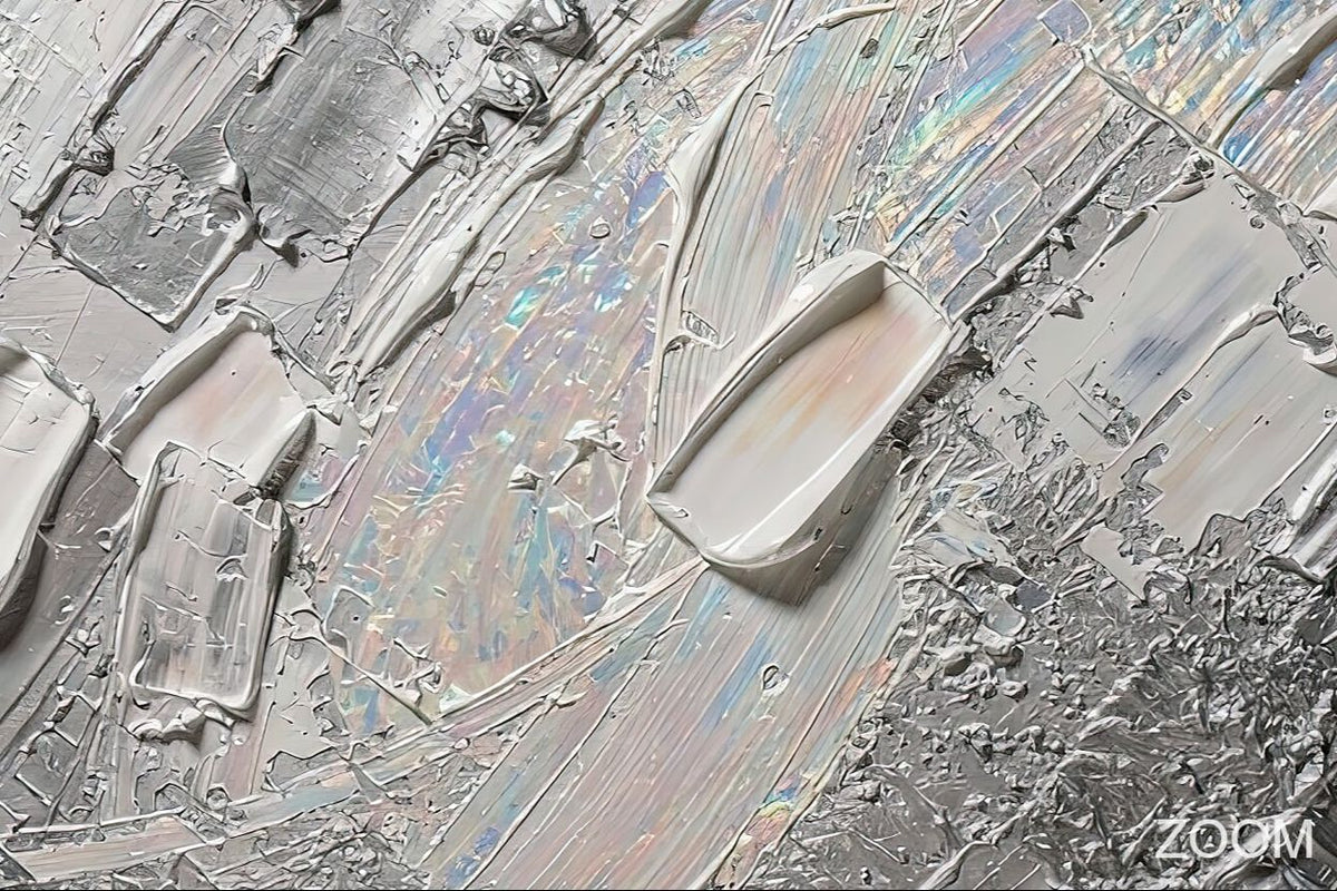 Zoom detail of Mercury Rising gestural abstraction with silver, graphite, white and smoke-grey relief