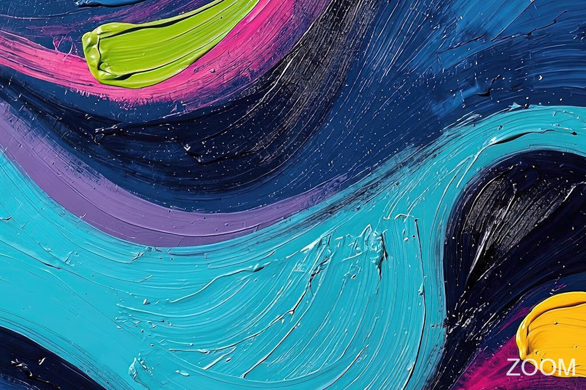 Zoom detail of Midnight Pulse fluid abstraction with midnight blue, cyan and lavender currents, punctuated by neon pink, lime and yellow accents