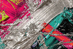 Zoom detail of Neon Collision textural abstraction with acid green, magenta, teal and silver diagonal marks