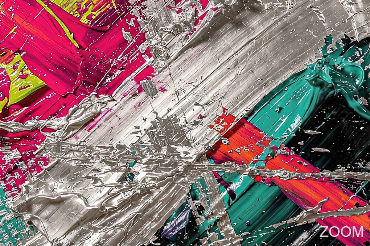 Zoom detail of Neon Collision textural abstraction with acid green, magenta, teal and silver diagonal marks
