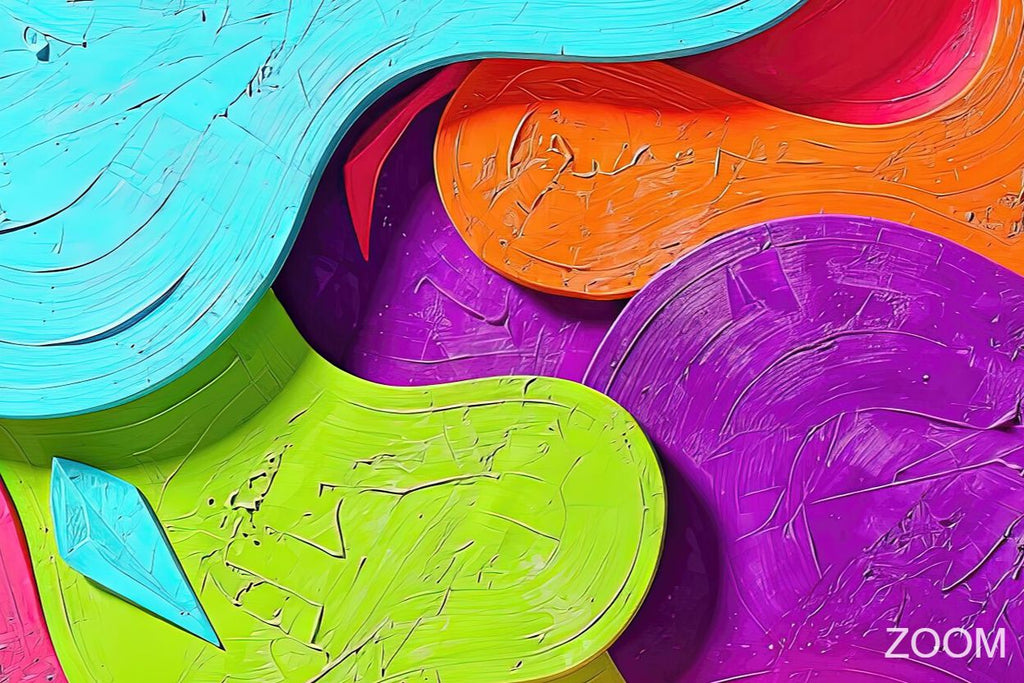 Zoom detail of Neon Surge biomorphic abstraction with hot pink, cyan, orange, violet and acid-green cellular forms in tactile raised relief