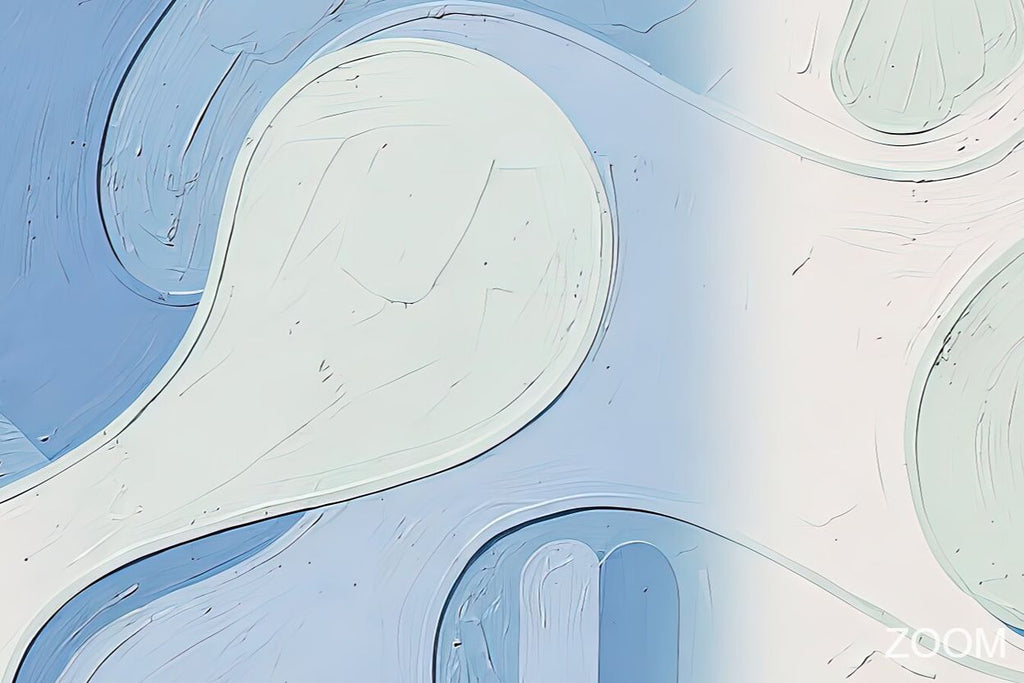 Zoom detail of Pale Drift organic abstraction with powder blue, soft mint and ivory biomorphic forms, subtle outlines and gently layered relief