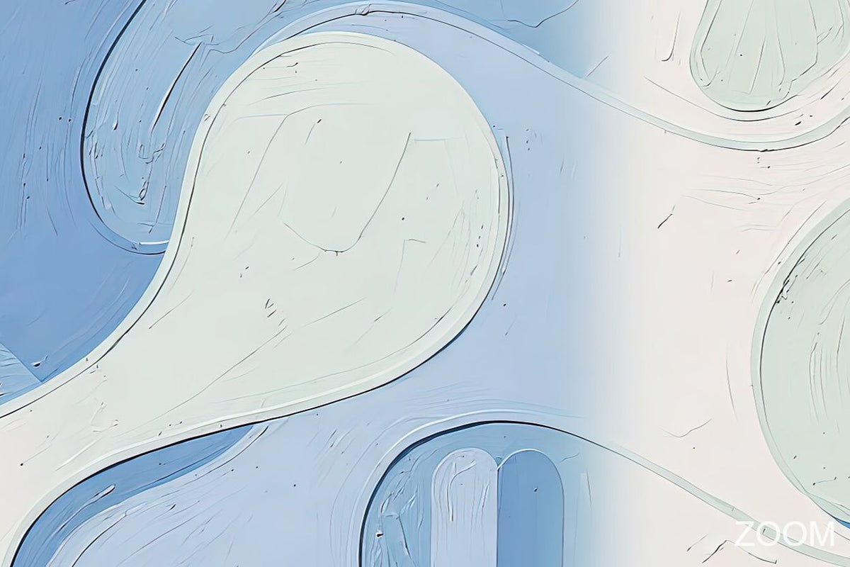 Zoom detail of Pale Drift organic abstraction with powder blue, soft mint and ivory biomorphic forms, subtle outlines and gently layered relief