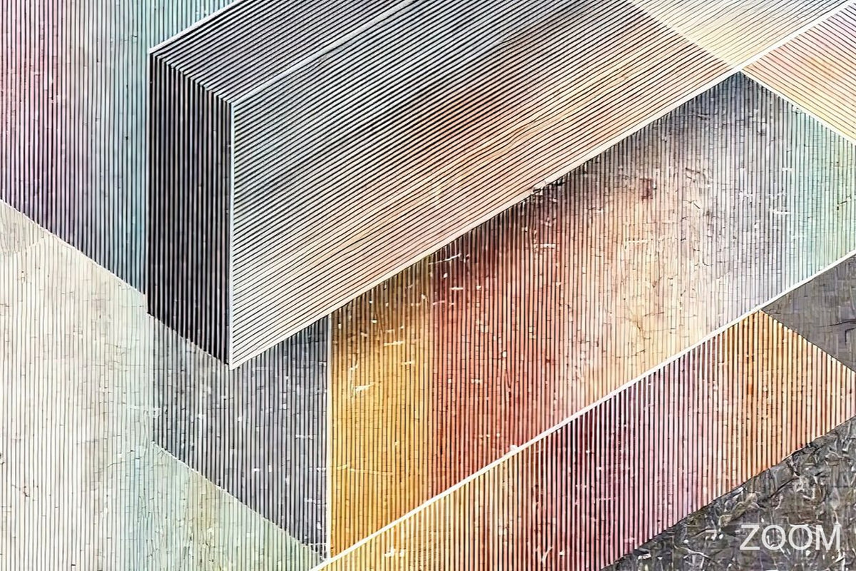 Zoom detail of Pastel Labyrinth with blush, powder-blue, warm-sand and concrete-grey interlocking bands, delicate line fields and weathered layered relief