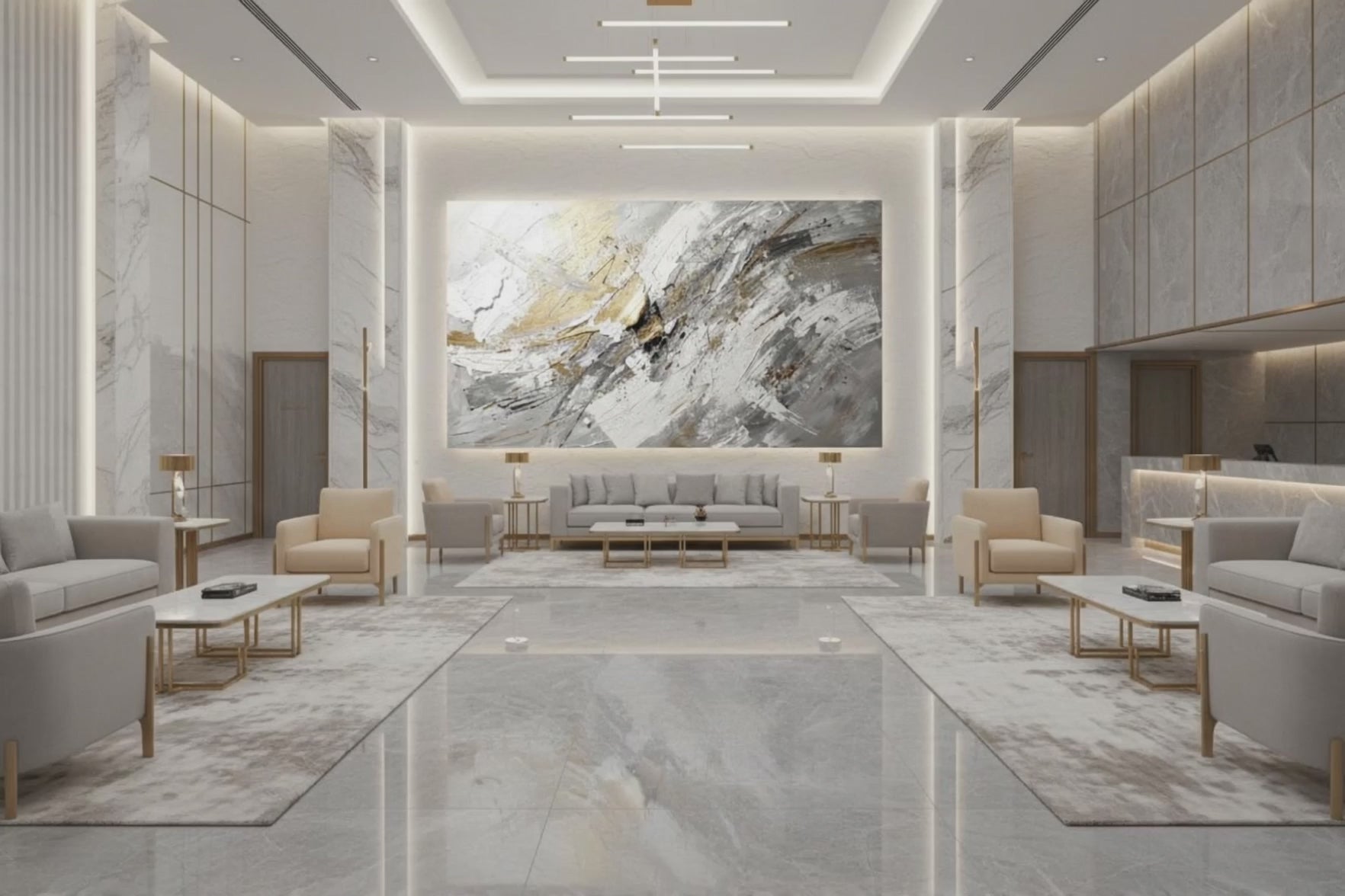 Zoom-in video of Ashen Surge Limited Edition Monumental Digital Art – Extreme resolution textural artwork with structural depth displayed in a luxurious modern hotel lobby - UltraHighRes.Art