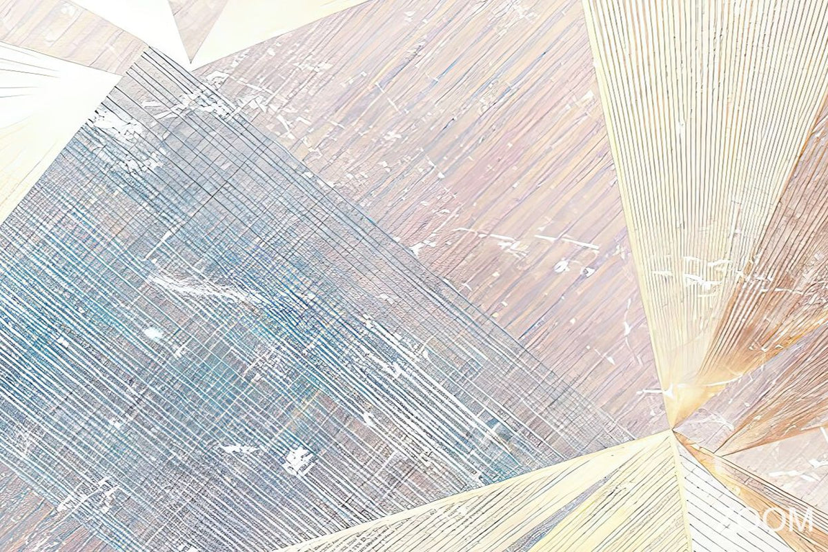 Zoom detail of Prism Silence with cream, pale blue, mauve and warm-sand light wedges, delicate radiating linework and pale textured relief