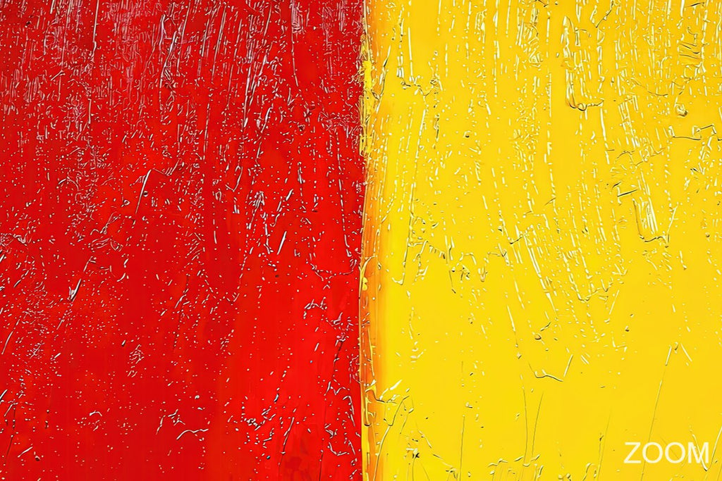 Zoom detail of Red & Solar color field abstraction with carmine red, solar yellow and fine vertical relief texture