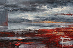 Zoom detail of Red Horizon original abstract artwork with storm-grey horizontal layers, a crimson horizon band, orange streaks and thick painted texture.