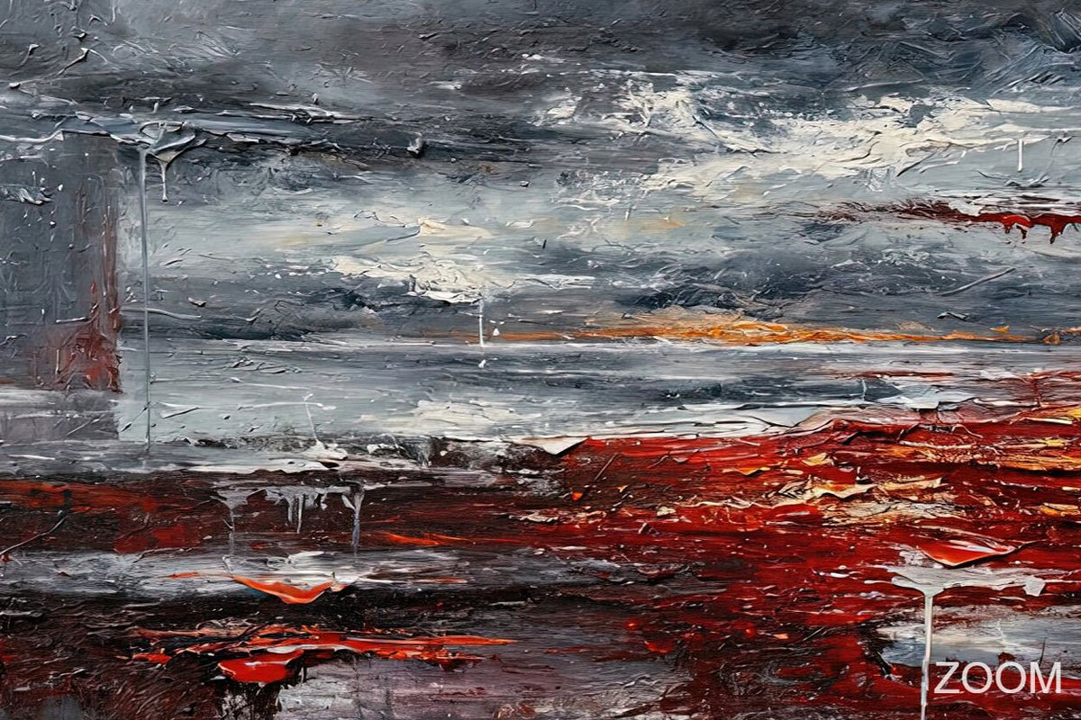 Zoom detail of Red Horizon original abstract artwork with storm-grey horizontal layers, a crimson horizon band, orange streaks and thick painted texture.