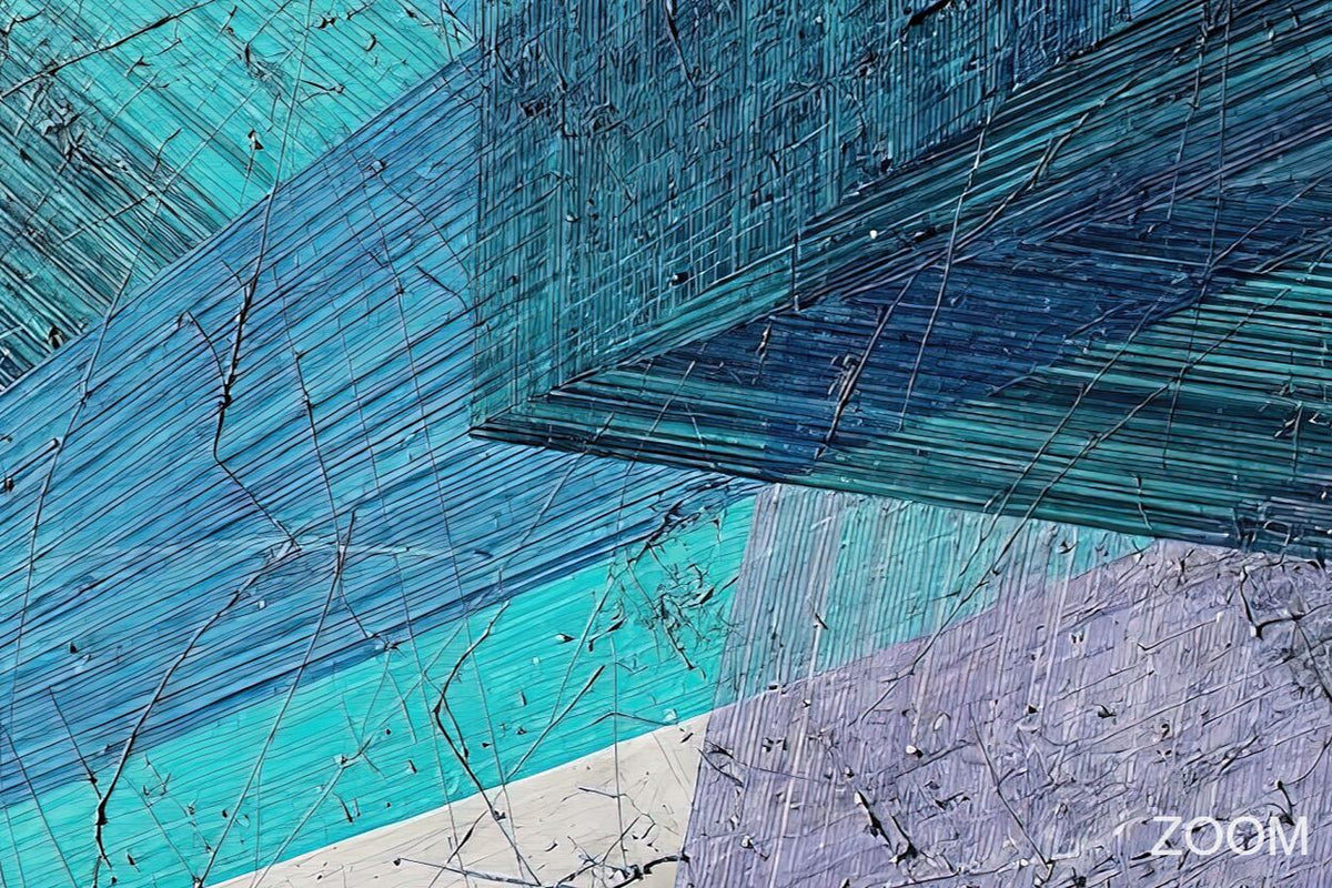Zoom detail of Shard Storm with teal, ice blue, navy and lavender crossing shards, layered linear fields and a scratched mineral surface relief