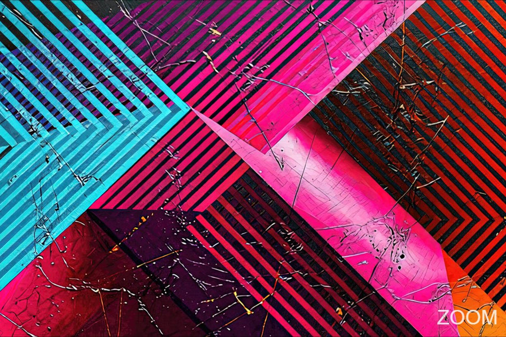Zoom detail of Signal Clash with cyan, magenta and orange striped vectors on charcoal, sharply folded linework and high-contrast distressed relief