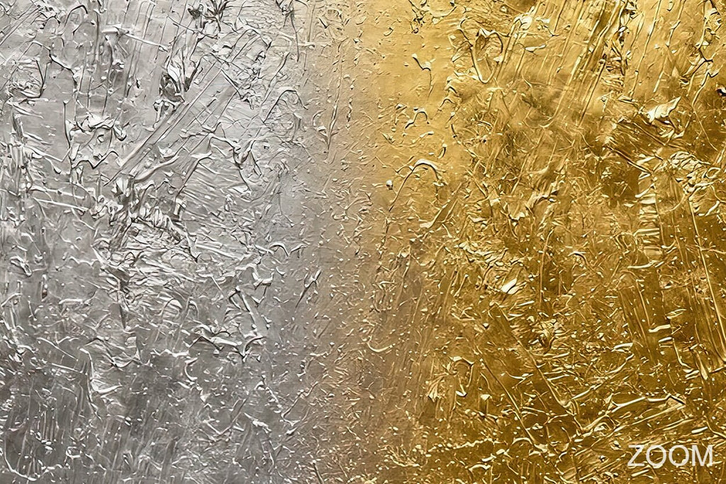 Zoom detail of Silver & Gold minimalist structural abstraction with platinum silver, charcoal and fractured gold relief