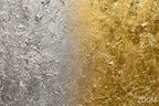 Zoom detail of Silver & Gold minimalist structural abstraction with platinum silver, charcoal and fractured gold relief