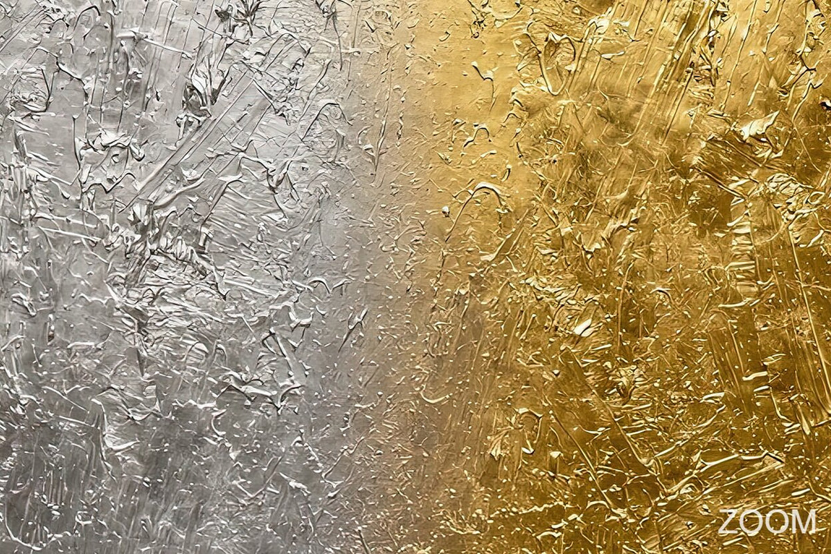 Zoom detail of Silver & Gold minimalist structural abstraction with platinum silver, charcoal and fractured gold relief