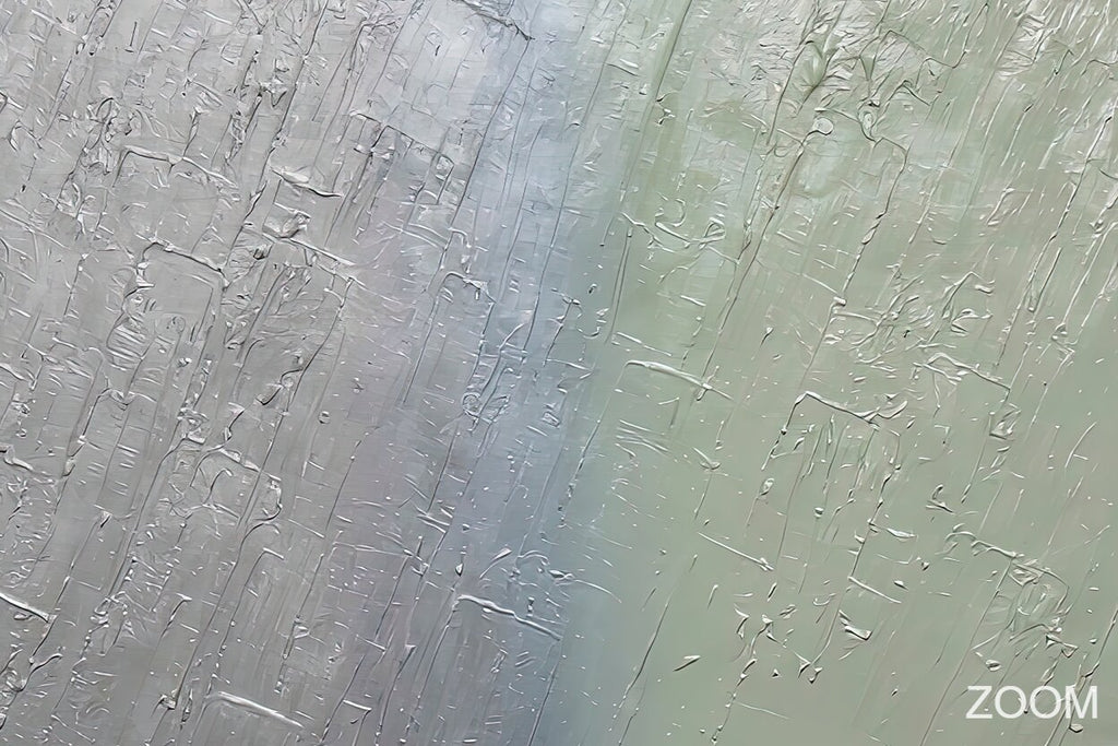 Zoom detail of Silver Sage geological abstraction with silver gray, pale celadon and mineral layered relief
