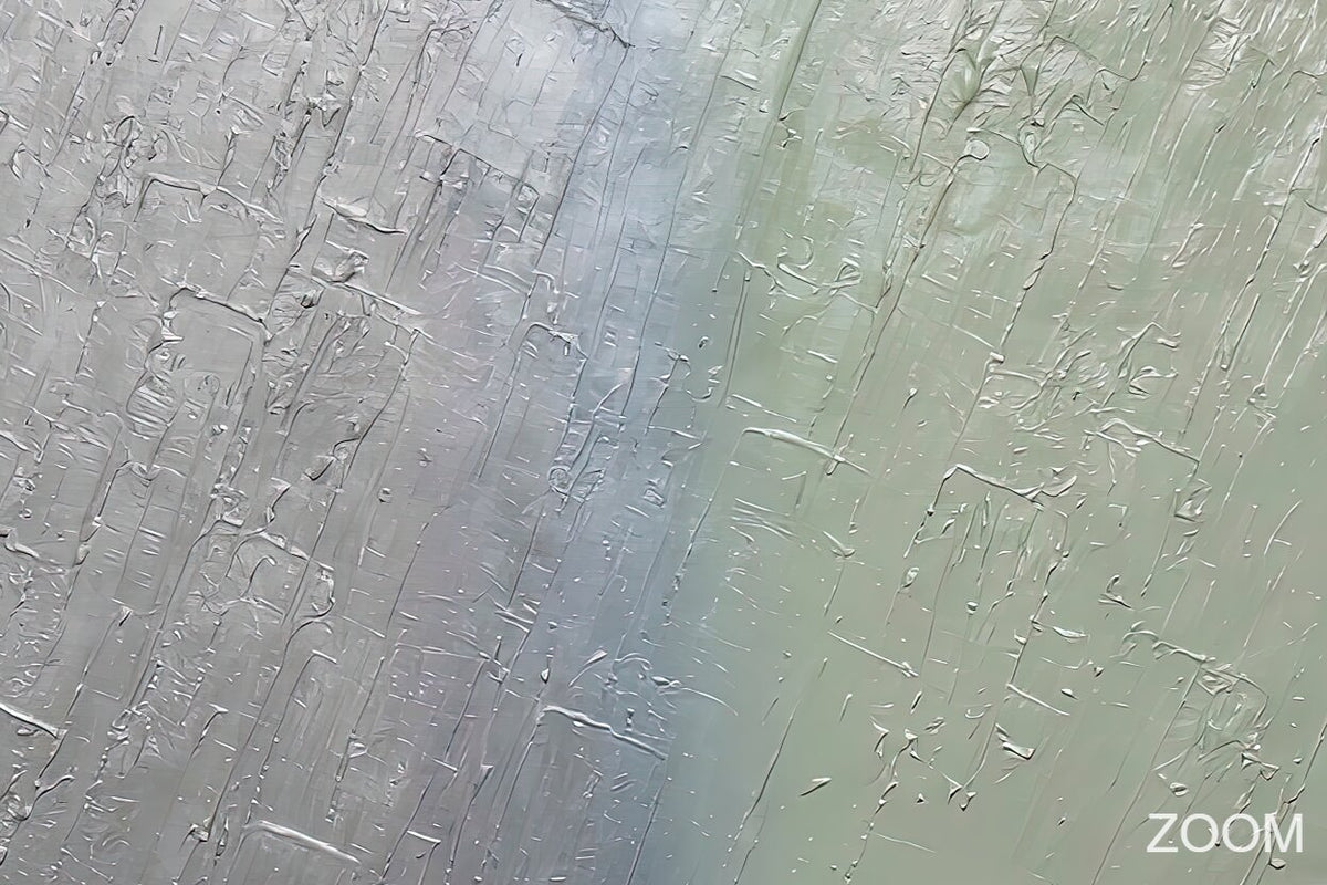 Zoom detail of Silver Sage geological abstraction with silver gray, pale celadon and mineral layered relief