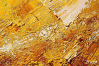 Zoom detail of Solar Burst radiant impasto abstraction with gold, amber, sienna and white textured strokes
