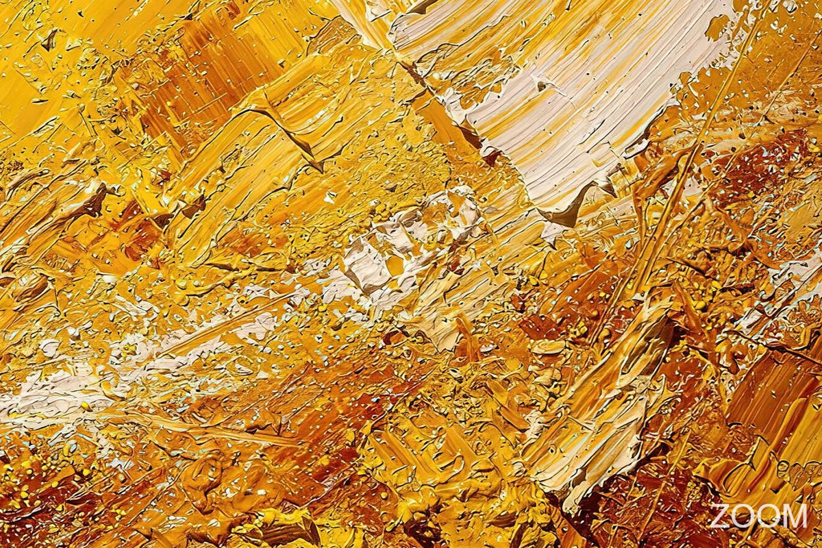 Zoom detail of Solar Burst radiant impasto abstraction with gold, amber, sienna and white textured strokes
