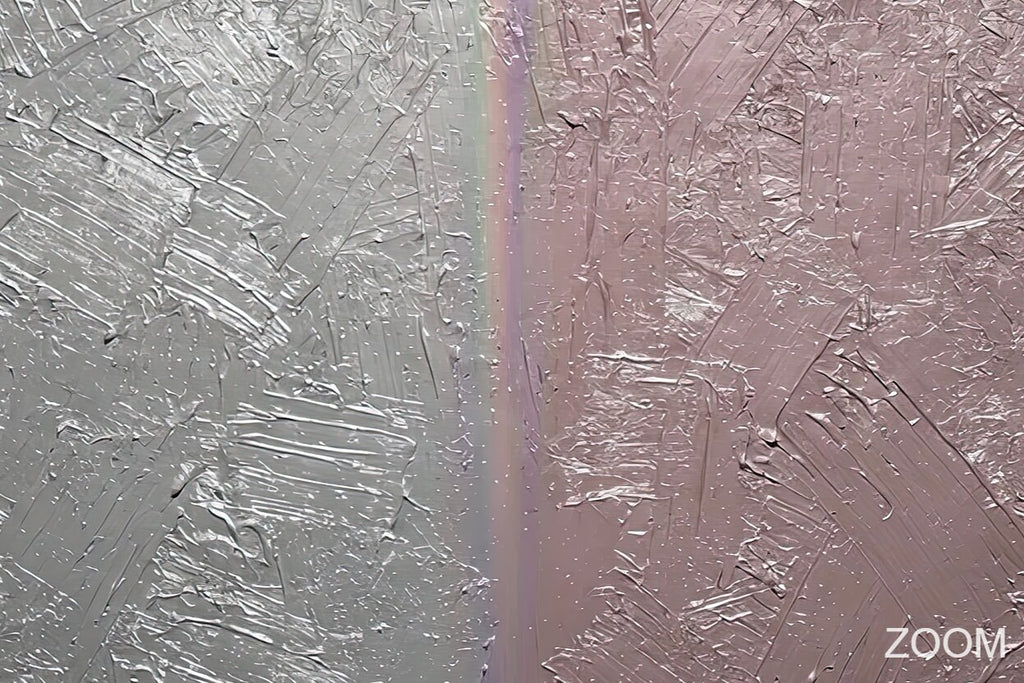 Zoom detail of Steel & Rose minimalist structural abstraction with gunmetal, silver, dusty rose and diagonal layered relief