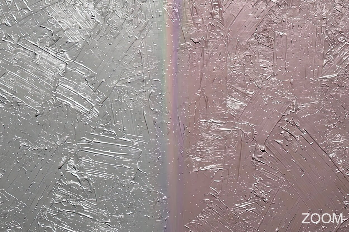 Zoom detail of Steel & Rose minimalist structural abstraction with gunmetal, silver, dusty rose and diagonal layered relief