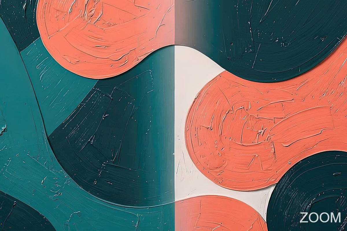 Zoom detail of Teal & Terra biomorphic abstraction with deep teal and terracotta forms, a pale central seam and richly layered paint relief