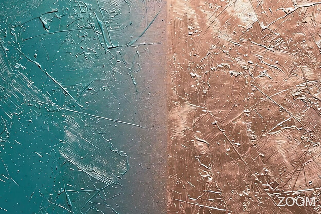 Zoom detail of Teal Split industrial patina abstraction with deep mineral teal, oxidized copper and diagonal scratched relief