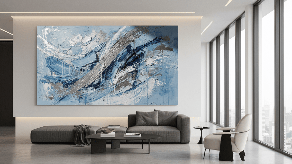 Arctic Force blue and silver gestural artwork in a bright modern living room
