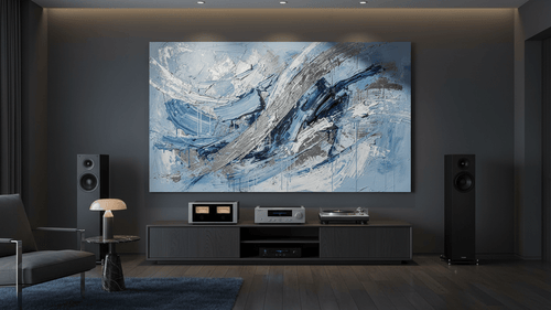 Arctic Force arctic blue and navy textural abstraction in a dark HiFi listening room