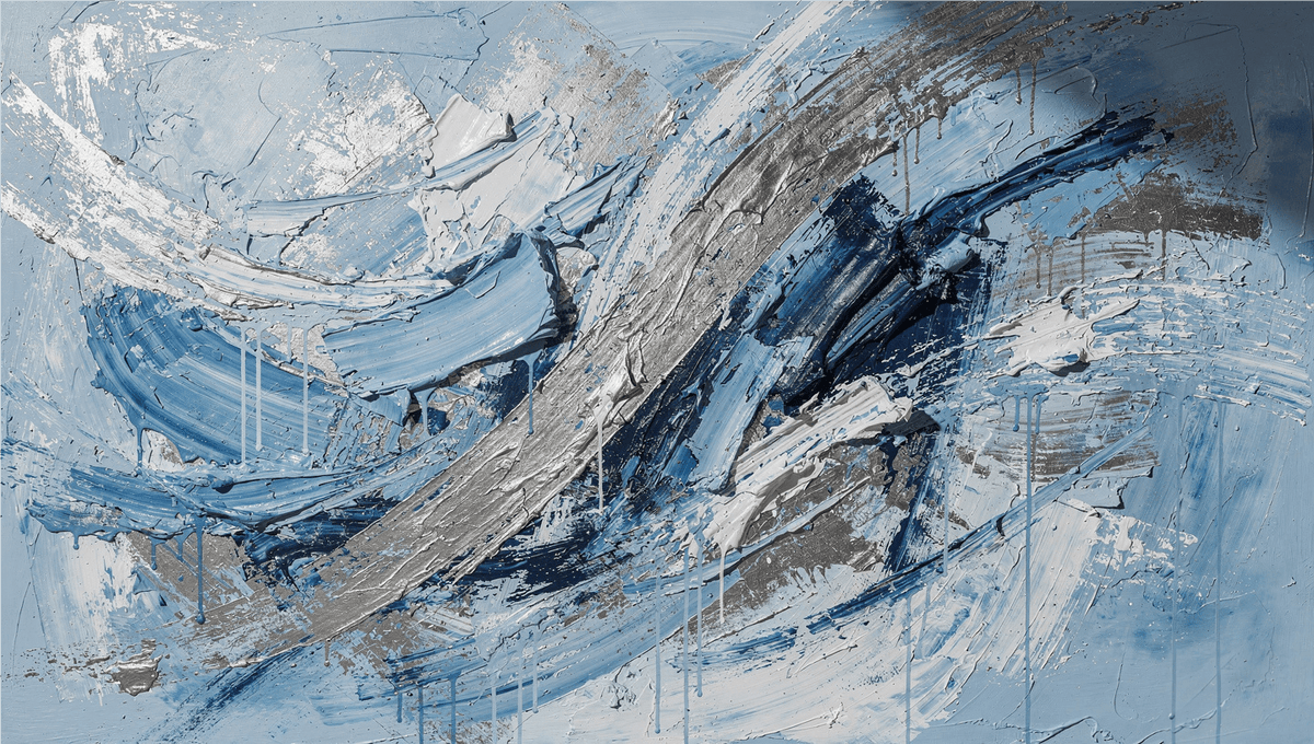 Arctic Force textural abstraction with arctic blue, navy and brushed-silver diagonal ridges