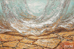 Zoom detail of The Threshold original abstract artwork with cracked terracotta strata, pale turquoise tones and a silver-white curtain of textured light.