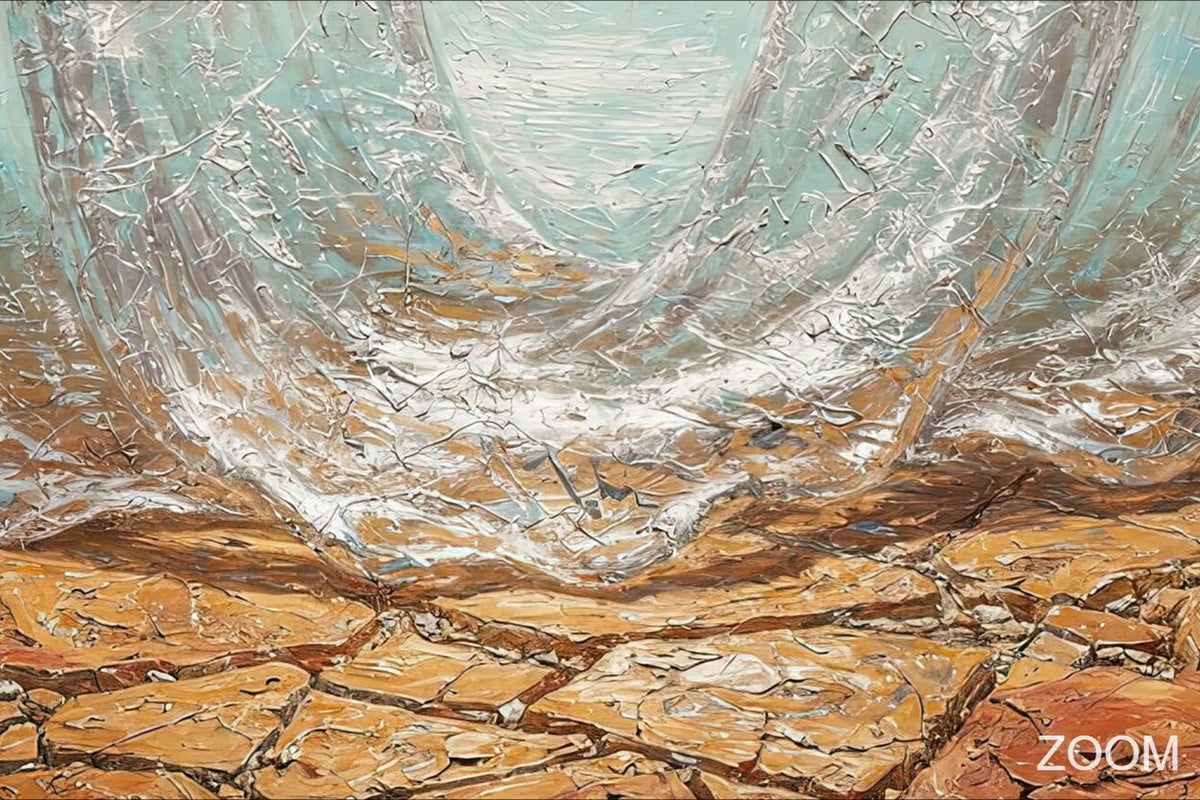 Zoom detail of The Threshold original abstract artwork with cracked terracotta strata, pale turquoise tones and a silver-white curtain of textured light.