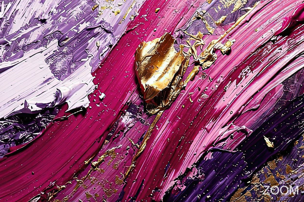 Zoom detail of Violet Reign gestural abstraction with amethyst, magenta, pearl white and gold impasto relief