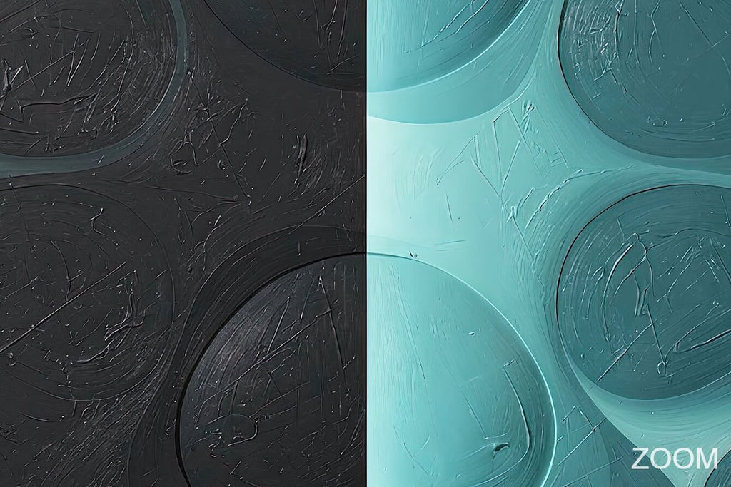 Zoom detail of Void & Tide biomorphic abstraction with graphite black, mint and teal divided fields, rounded organic contours and a deeply textured relief surface